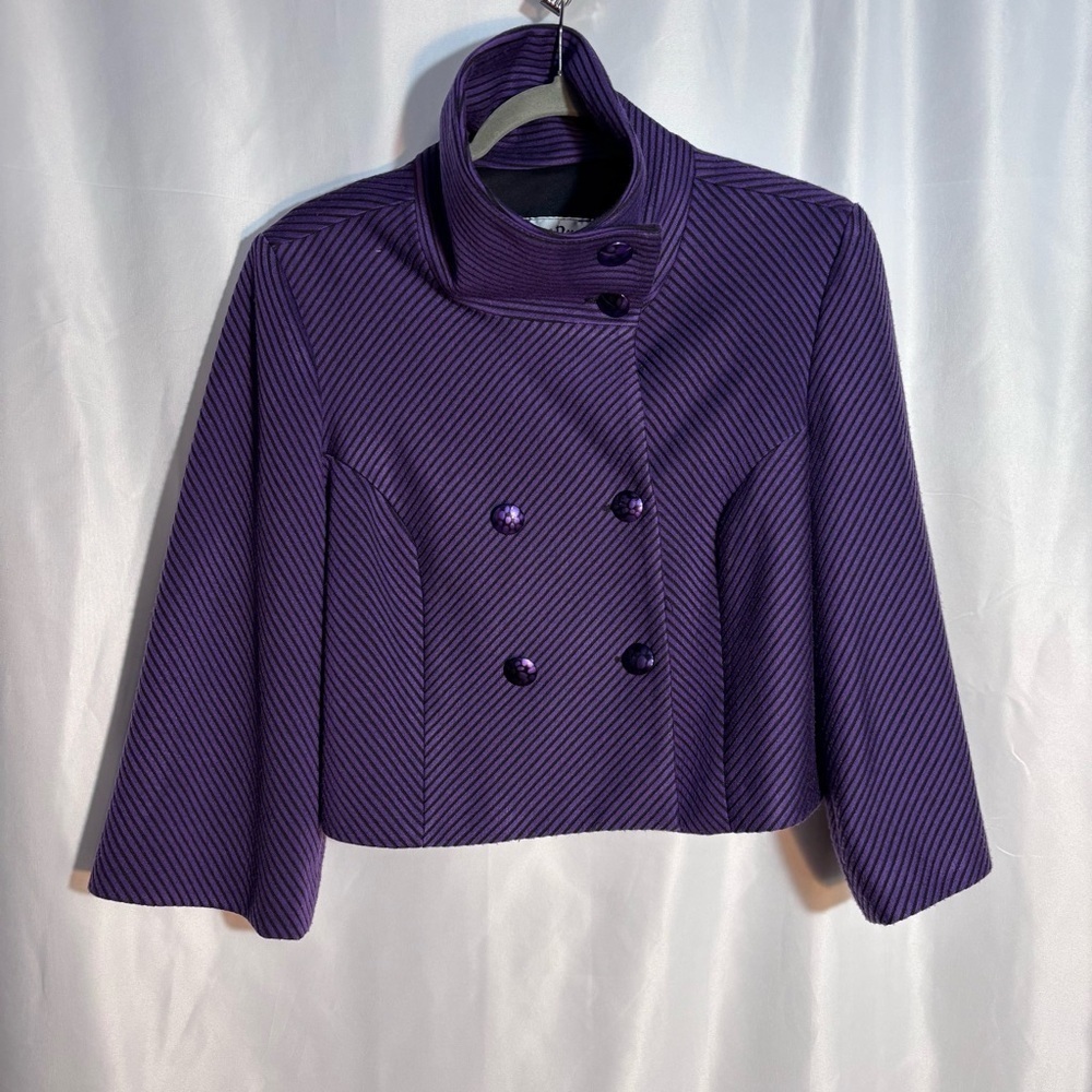 JOSEPH RIBKOFF Sz 12 Purple with Black Stripes Cropped Blazer Funnel Collar